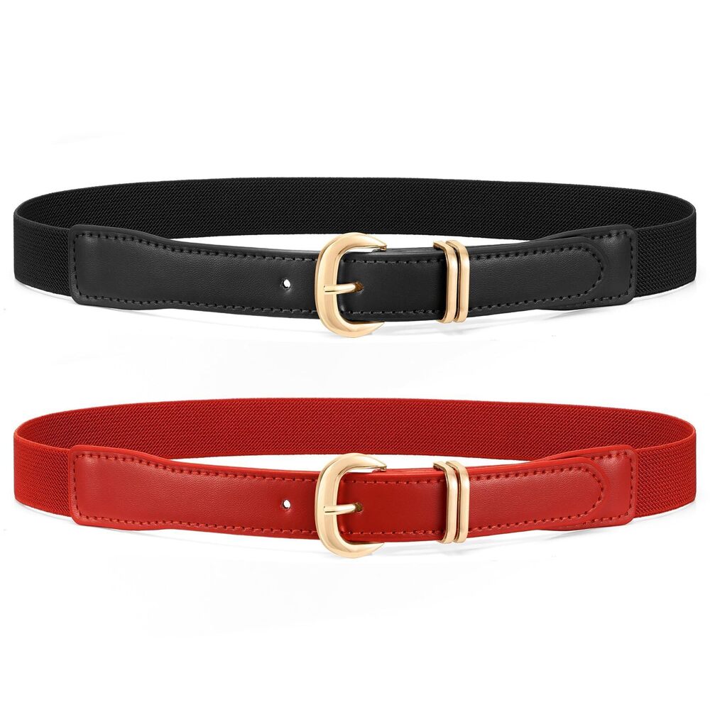3184 2 Pack Women Skinny Elastic Belt Fashion Gold Buckle Stretchy Thin